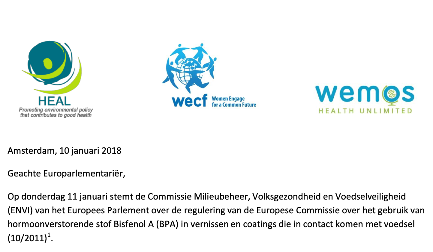 Letter to Dutch Members of European Parliament: reject EC plans for BPA in food contact materials