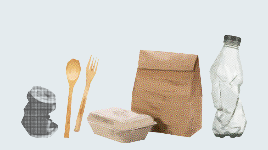 Image of a drinks can, wooden cutlery, takeaway packaging, and a plastic bottle
